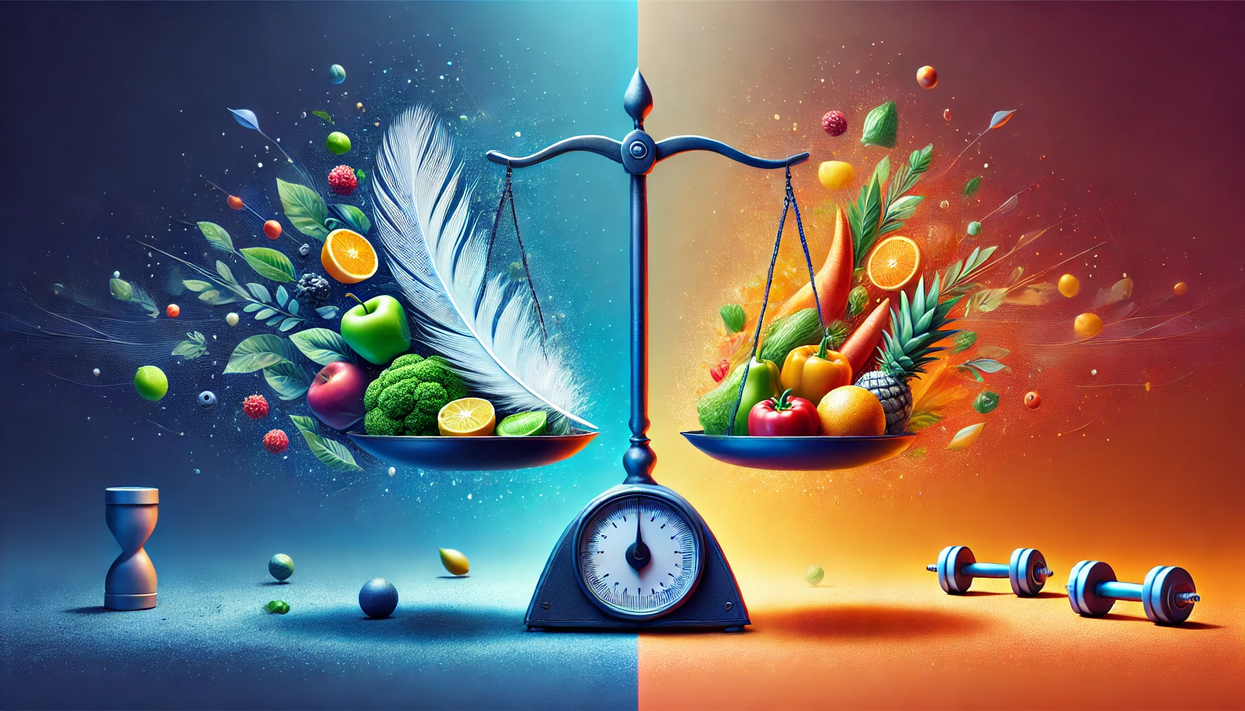 DALL·E 2024-11-20 15.16.00 - A visually striking banner image representing weight loss and healthy living. The image features a balance scale in the center, with vibrant fresh fru